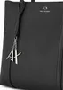 A close-up of a black Armani Exchange shopper bag with a silver 'AX' logo charm. Podgląd zdjęcia produktu