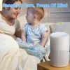 A mother and baby are sitting on a bed, with a white air purifier on a bedside table. Produktbild-Vorschau