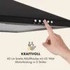 A hand is shown pressing a button on a black kitchen hood. Text and icons are displayed below the hood. Produktbild-Vorschau