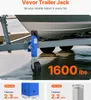 A blue trailer jack is shown supporting a boat on a trailer, with water on the ground. Náhled obrázku produktu
