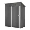 A gray metal storage shed with a sloped roof and double doors, shown against a white background. Produktbild-Vorschau