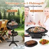 A split image showing an electric grill in two different configurations: freestanding outdoors and on a tabletop indoors. People are shown enjoying the grill in both settings. Náhled obrázku produktu