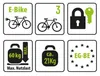 A collage of icons and text related to an e-bike carrier. Produktbild-Vorschau