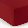 A close-up view of a red fitted sheet, showing the texture and corner. Produktbild-Vorschau