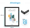 Diagram showing the dimensions of a picture frame, including its overall size and the thickness of its components. Produktbild-Vorschau