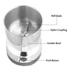 Close-up view of a spice grinder with labels pointing to its parts. Produktbild-Vorschau