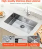 A stainless steel kitchen sink with a faucet, set into a countertop, with close-up detail shots of the sink's features. Anteprima dell’immagine prodotto