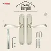 A product image showcasing a pair of door handles and their accessories against a light beige background with decorative elements. Produktbild-Vorschau