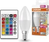 A product shot showing an LED light bulb and its remote control, along with its packaging. Náhled obrázku produktu
