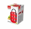 A product box for a red tiffin carrier with pasta on the side. Voir les images du produit
