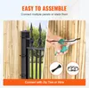 A split image showing a black metal fence post attached to a bamboo fence on the left, and a hand using scissors to cut a zip tie on a bamboo fence on the right. There are also inset images of zip ties and wire. Voir les images du produit