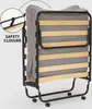 A folded bed frame with a mattress, showing a safety closure mechanism. Produktbild-Vorschau