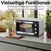 A Steinborg minibackofen is shown on a kitchen counter, with a dish of food inside, and text overlay describing its features. Produktbild-Vorschau