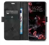 A black flip-style phone case is open, showing credit cards and a banknote inserted into the case, with a smartphone displaying the time and date on its screen. Produktbild-Vorschau