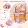 A collage of images showcasing a pink children's vanity set with various safety features and accessories. Podgląd zdjęcia produktu