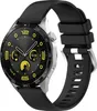 A close-up studio shot of a black silicone smartwatch with a silver casing and a black watchband. Produktbild-Vorschau