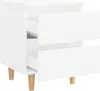 A white bedside table with two drawers and wooden legs is shown against a white background. Náhled obrázku produktu