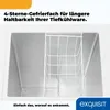 Interior view of a white freezer chest with a wire basket, showing the inside walls and a text overlay with product features and branding. Produktbild-Vorschau