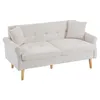 A cream-colored sofa with wooden legs and two throw pillows is shown against a white background. Anteprima dell’immagine prodotto