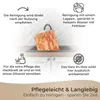 A wooden cutting board is shown in a sink with text describing its care and features. Produktbild-Vorschau