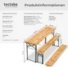 A diagram showing a foldable beer table and two benches with dimensions and technical specifications. Produktbild-Vorschau