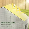 A greenhouse cover with text and graphics indicating its anti-UV coating. Voir les images du produit