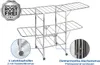 A stainless steel mobile clothes dryer with multiple drying racks and wheels, shown with close-up insets highlighting its features. Náhled obrázku produktu