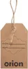 A brown cardboard tag with twine attached, featuring text fields for 'datum' and 'obsah', and the brand name 'orion' at the bottom. Produktbild-Vorschau