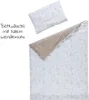 A pillow and a duvet cover with a pattern of animals and dots are shown on a white background. Text is present on the left side of the image. Produktbild-Vorschau