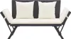 A black poly rattan garden bench with white cushions and pillows, shown from the front on a white background. Náhled obrázku produktu