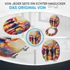 A collage of images showcasing a toilet seat with an artistic print of people with umbrellas in the rain. Produktbild-Vorschau