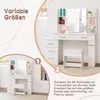 A vanity table with a mirror and stool, shown in two configurations. Produktbild-Vorschau