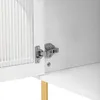 A close-up view of a cabinet hinge and the interior of a white cabinet with a fluted glass door. Podgląd zdjęcia produktu