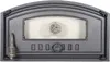 A close-up front view of a cast iron oven door with a glass window and a thermometer. Produktbild-Vorschau