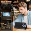A man is sitting at a table in a cafe, looking at a phone case with a phone inside. There are inset images showing the phone case's kickstand feature. Produktbild-Vorschau