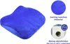 A blue seat and back cushion is shown next to close-up images and text describing its material and care instructions. Produktbild-Vorschau