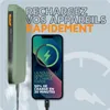 A green power bank is shown next to a smartphone displaying a charging animation, with text overlays highlighting fast charging capabilities. Voir les images du produit