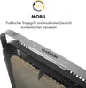 Close-up of a handle and mesh grill of a heater, with marketing text and a logo. Produktbild-Vorschau