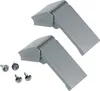 Two silver refrigerator door handles and four screws on a white background. Produktbild-Vorschau