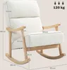 A white rocking chair with wooden armrests and base, shown with dimension labels. Produktbild-Vorschau