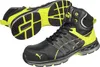 A pair of black and yellow Puma safety boots, with one boot shown from the side and the other from the sole. Voir les images du produit