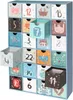 A blue advent calendar with 24 drawers, some of which are open, displaying festive designs and numbers. Náhľad obrázku produktu