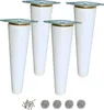 Four white furniture legs with silver tops and screws and felt pads on a white background. Produktbild-Vorschau