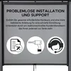 Marketing image with text and icons about product installation and support. Produktbild-Vorschau
