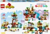A collage of LEGO Duplo 3-in-1 treehouse playsets with figures and animals. Produktbild-Vorschau