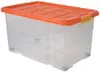 A clear studio shot of a transparent storage box with an orange lid. Produktbild-Vorschau