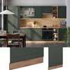 A modern kitchen with green cabinets and wooden accents, featuring a dining table and chairs in the foreground, and close-up shots of cabinet details at the bottom. Náhled obrázku produktu