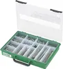 A green and clear plastic toolbox filled with various sizes of screws. Podgląd zdjęcia produktu