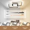 A modern ceiling light fixture is shown with a graphic overlay demonstrating its dimming and color temperature adjustment features, along with examples of different light settings. Produktbild-Vorschau