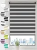 A roller blind with alternating opaque and transparent stripes, displayed in a window with a city skyline visible outside. Several color swatches of the same blind design are shown in circles on the left side of the image. Produktbild-Vorschau